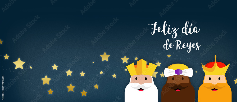 Feliz dia de los reyes magos de oriente. Fondo con espacio para texto  navidad. Personajes infantiles para niños ilustración de Stock | Adobe Stock