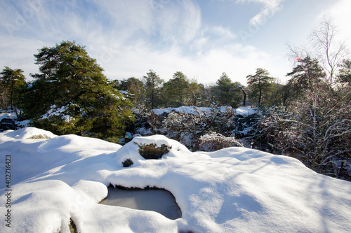 Snowy landscape in the Franchard Gorges. Fontainebleau forest