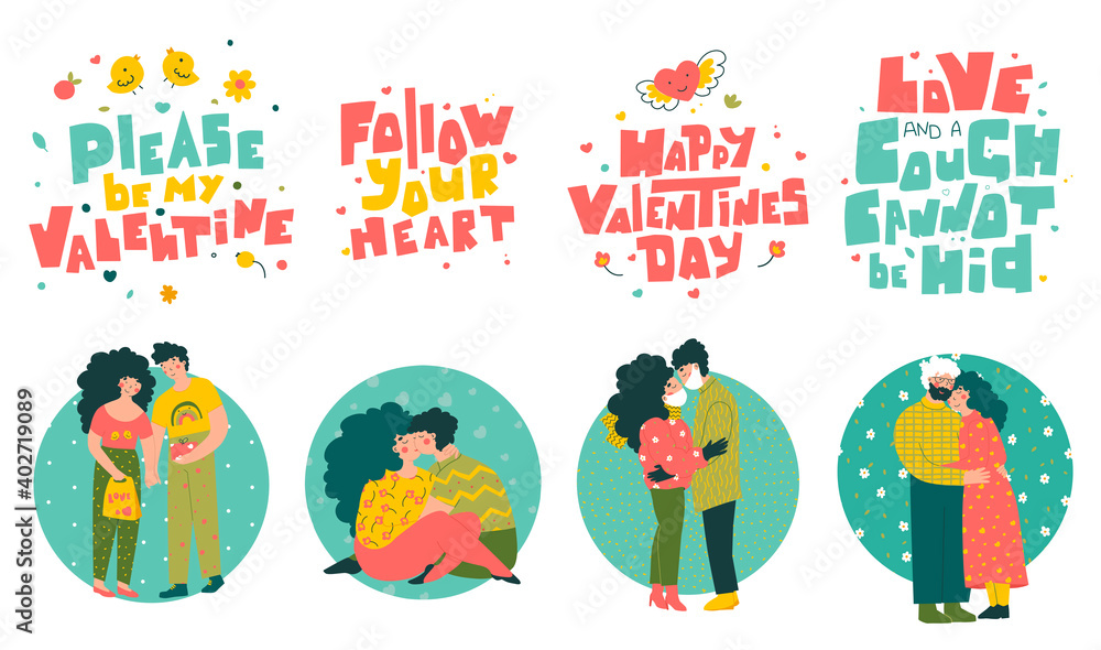 Couples lovers character set, valentine's day quotes hand lettering. Cartoon people vector illustration.