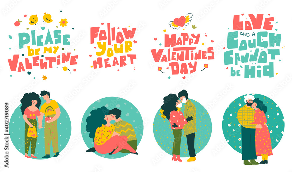 Fototapeta premium Couples lovers character set, valentine's day quotes hand lettering. Cartoon people vector illustration.