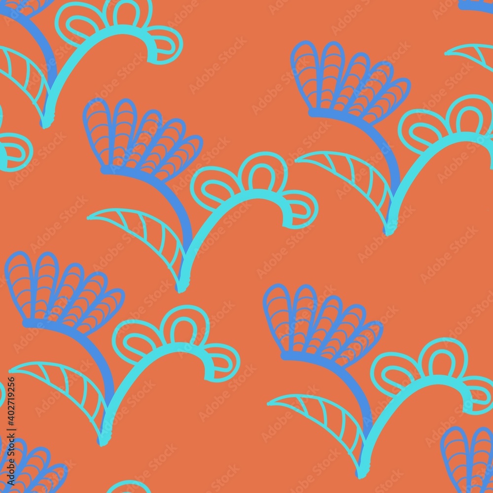 Seamless pattern of abstract blue flowers on an orange background for textile. Seamless pattern of abstract blue flowers on an orange background for textile.