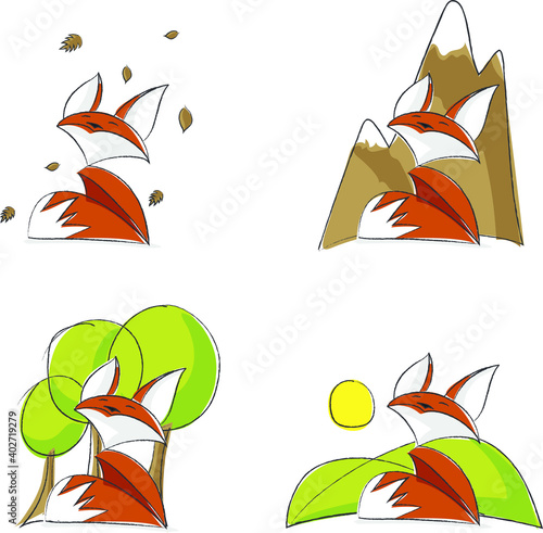 Small and cute illustrated fox. Fox made in vector with bright colors. Fox set with snow, sun and sea.
