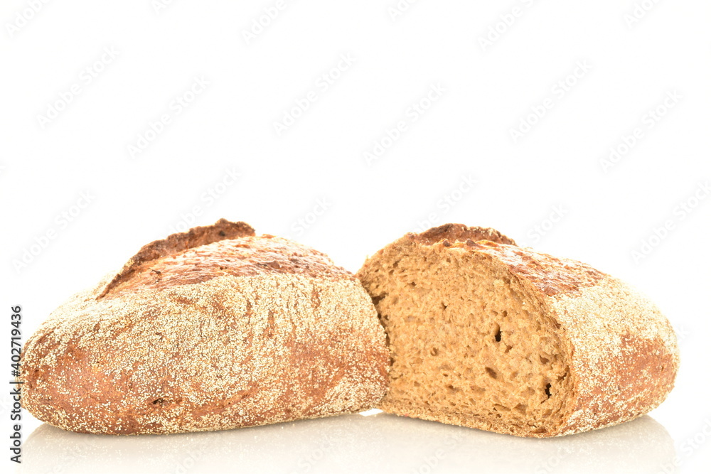 Two halves of a loaf, fragrant buckwheat bread, close-up, isolated on white. Two halves of a loaf, fragrant buckwheat bread, close-up, isolated on white.