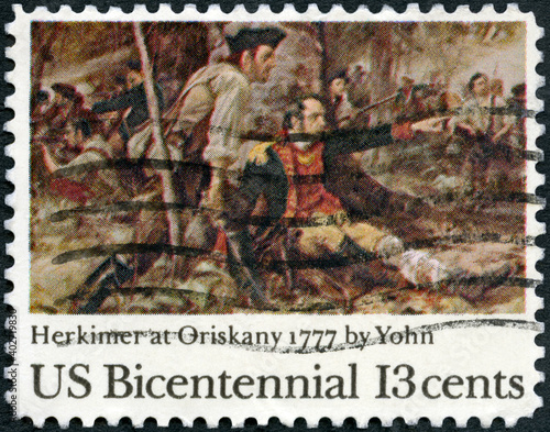 USA - 1977: shows American Militia led by brigadier general Nicholas Herkimer (1728-177), American Bicentennial Issue Battle of Oriskany, 1977