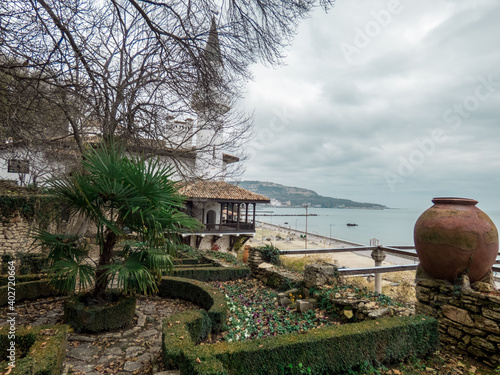 View of the Balchik palace of the Queen Marie of Romania ( Bulgaria) and sea coastline.