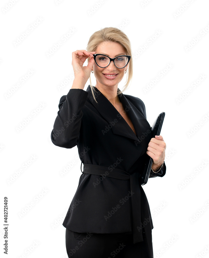Smiling beautiful business woman with glasses. A confident business professional in an elegant black suit. Portrait isolated on white