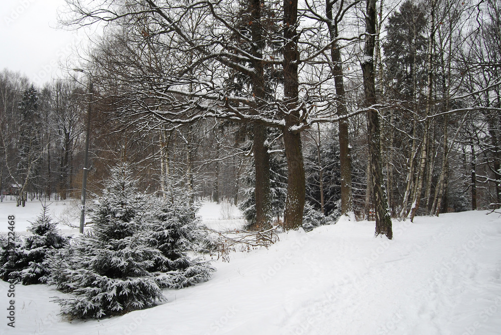 Fototapeta premium The old wooden house is covered with snow and ice. Icicles hang from the roof.