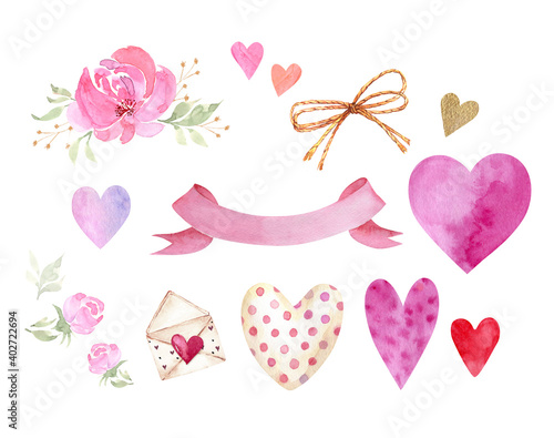 set of watercolor clipart for Valentine's day holiday, hand painted for decor and invitations