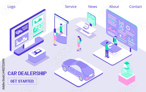 Car dealership, expo Horizontal Banner. People walking near huge screen. Advertising products, auto stands or services at exhibition. 3D isometric vector concept for landing page, flyer
