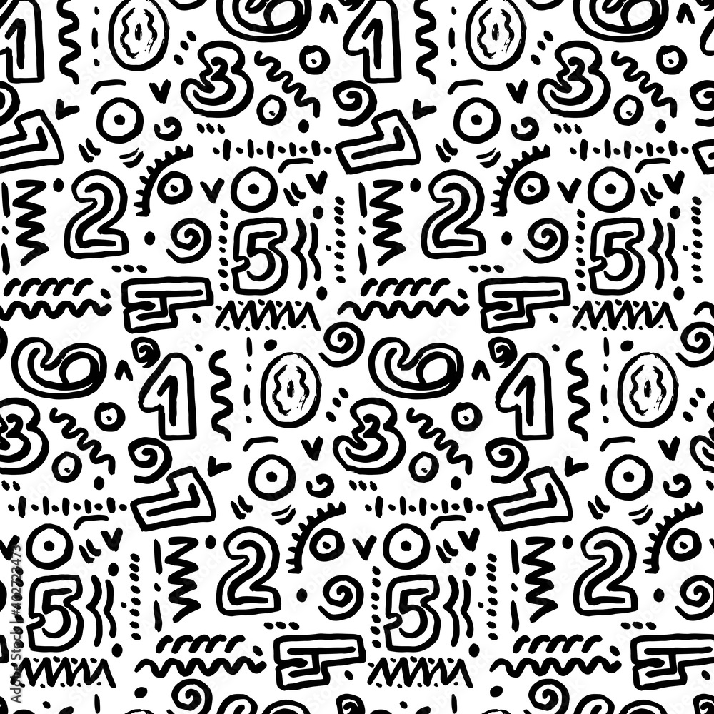 Seamless pattern with numbers and simple Doodle style patterns. Vector illustration on a white background. Abstract trendy texture for design textiles, packaging paper.
