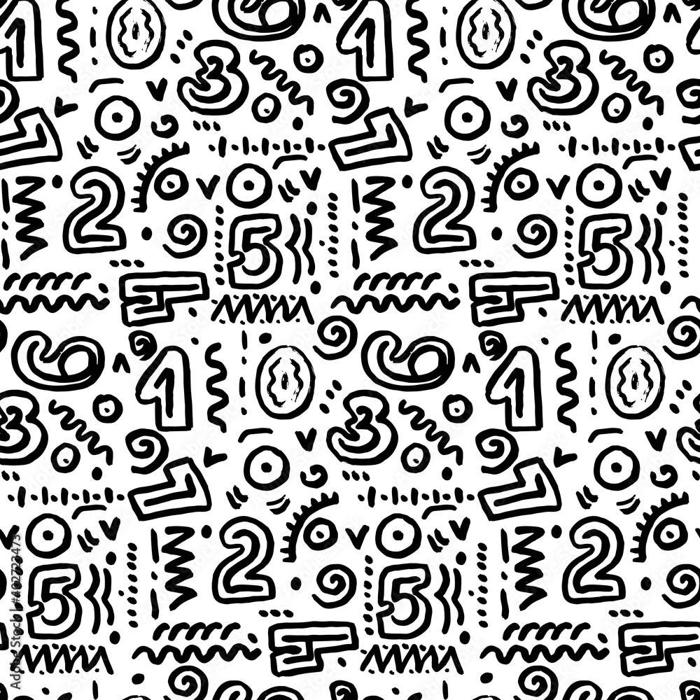 Seamless pattern with numbers and simple Doodle style patterns. Vector illustration on a white background. Abstract trendy texture for design textiles, packaging paper. Seamless pattern with numbers and simple Doodle style patterns. Vector illustration on a white background. Abstract trendy texture for design textiles, packaging paper.