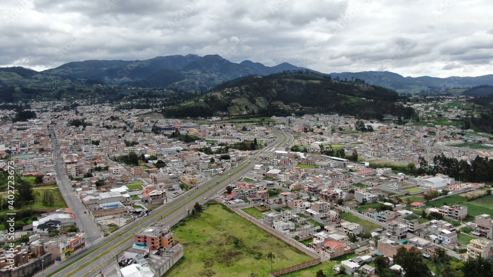 Aerial view of beautiful panoramic view of the city of Otavalo in Ecuador
