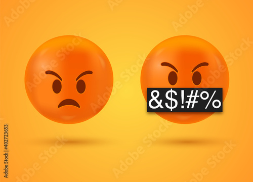 3d Red Angry emoji Face, emoticon Face with Symbols Over Mouth, Serious Face with Symbols Covering Mouth, red mad, Grumpy, angry emotion, Swearing, Grawlix, Cussing, Cursing character