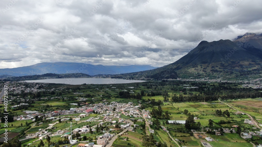 Aerial view of beautiful panoramic view of the city of Otavalo in Ecuador