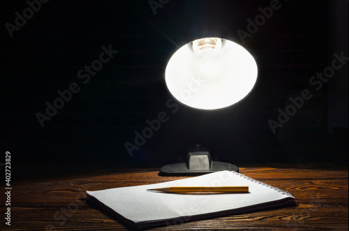 A notebook illuminated by a table lamp