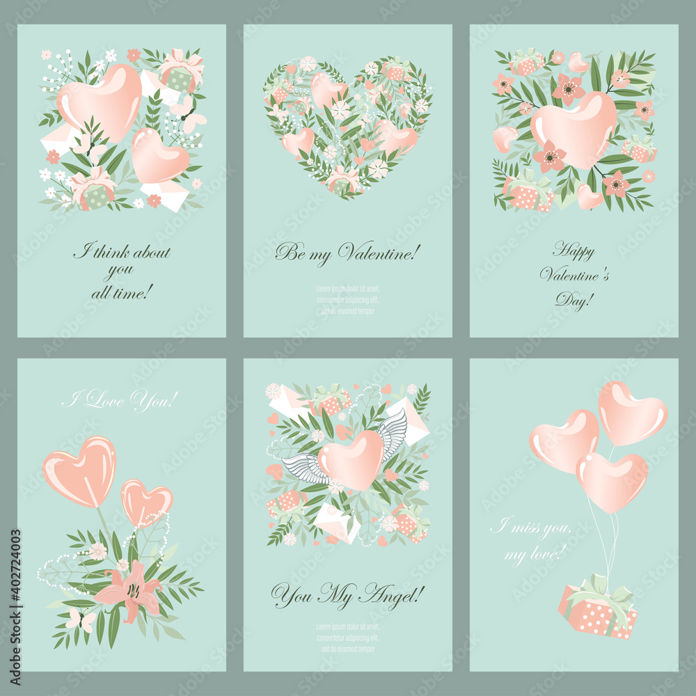 A set of greeting cards with the image of hearts, flowers, gifts. Happy Valentine's day. Template for postcards, flyers, banners.