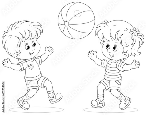 Happy little kids playing, running and catching a big ball on a playground, black and white outline vector cartoon illustration for a coloring book page