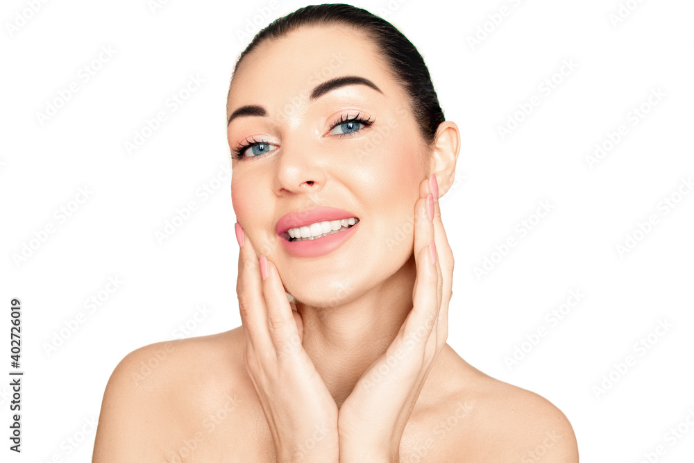 Girl's face on a white background. Hands near the face. A gentle smile.. Girl's face on a white background. Hands near the face. A gentle smile..