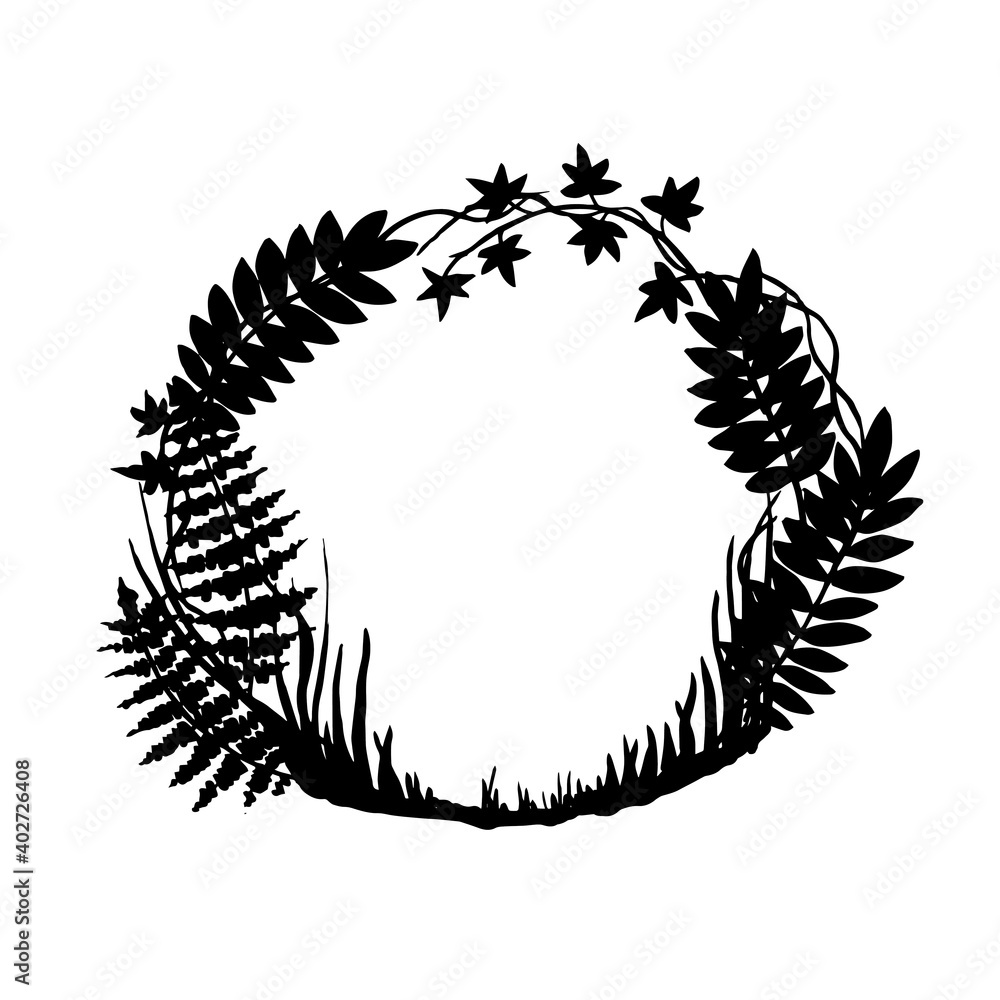 vector black and white illustration, round frame. fabulous, magical forest. silhouette of forest herbs. background for halloween, postcards, books.