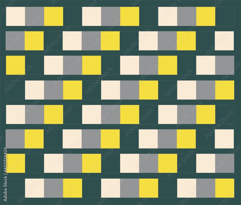 Alternating squares of three colors on a green background for design of fabric, paper, tiles Alternating squares of three colors on a green background for design of fabric, paper, tiles