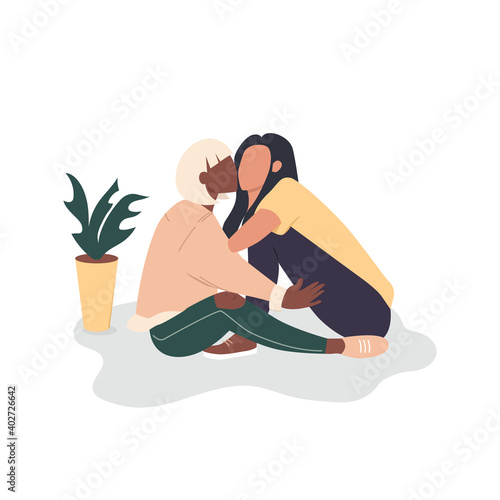 Women couple kissing vector illustration. Happy young couple isolated on white background.