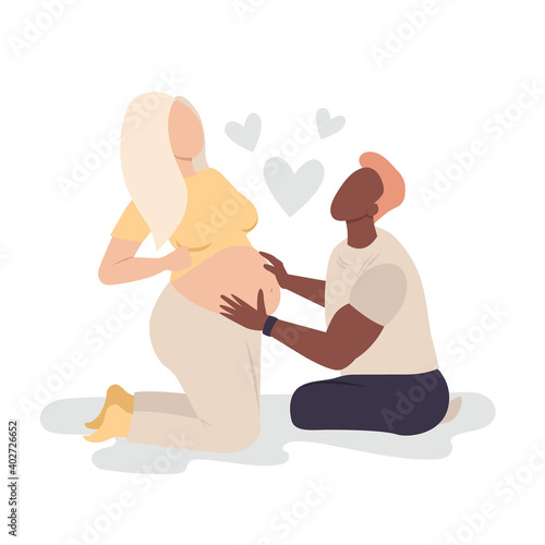 Happy future parents couple vector illustration. Pregnant blonde woman and dark-skinned man expecting isolated on white background.