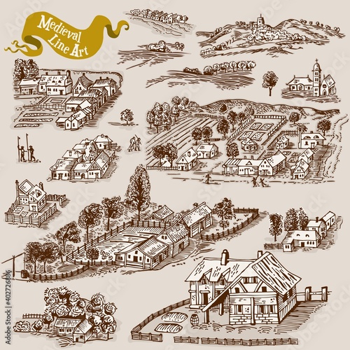 Medieval map elements engraving and woodcut style vector cartography illustration