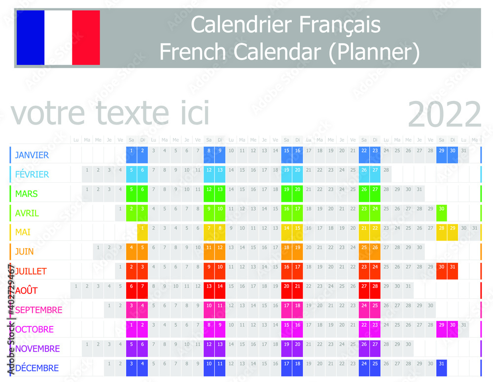 2022 French Planner Calendar with Horizontal Months on white background 2022 French Planner Calendar with Horizontal Months on white background