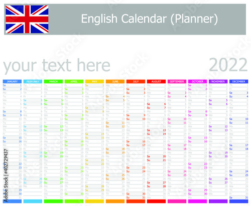 2022 English Planner Calendar with Vertical Months on white background