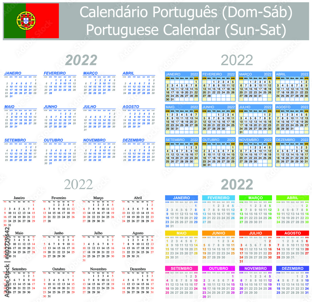 2022 Portuguese Mix Calendar Sun-Sat on white background 2022 Portuguese Mix Calendar Sun-Sat on white background