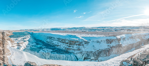 Panoramic view of Gullfoss waterfall in sunny day in Iceland