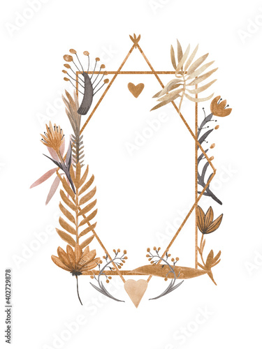 Frame - postcard on a white background for wedding themes. Drawn by hand in gold paints, consists of flowers and plants in boho style. Ideal for applying text for invitations or congratulations.