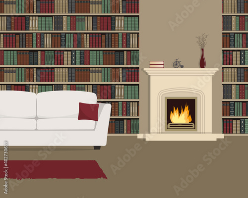 Living room with fireplace. Home library interior. There is a white sofa against the backdrop of bookshelves. Old books on the shelves. The room also has home decor items. Vector flat illustration.