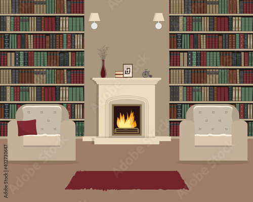 Living room with fireplace. Home library interior. There are two armchairs against the backdrop of bookshelves. Old books on the shelves. The room also has home decor items. Vector flat illustration.