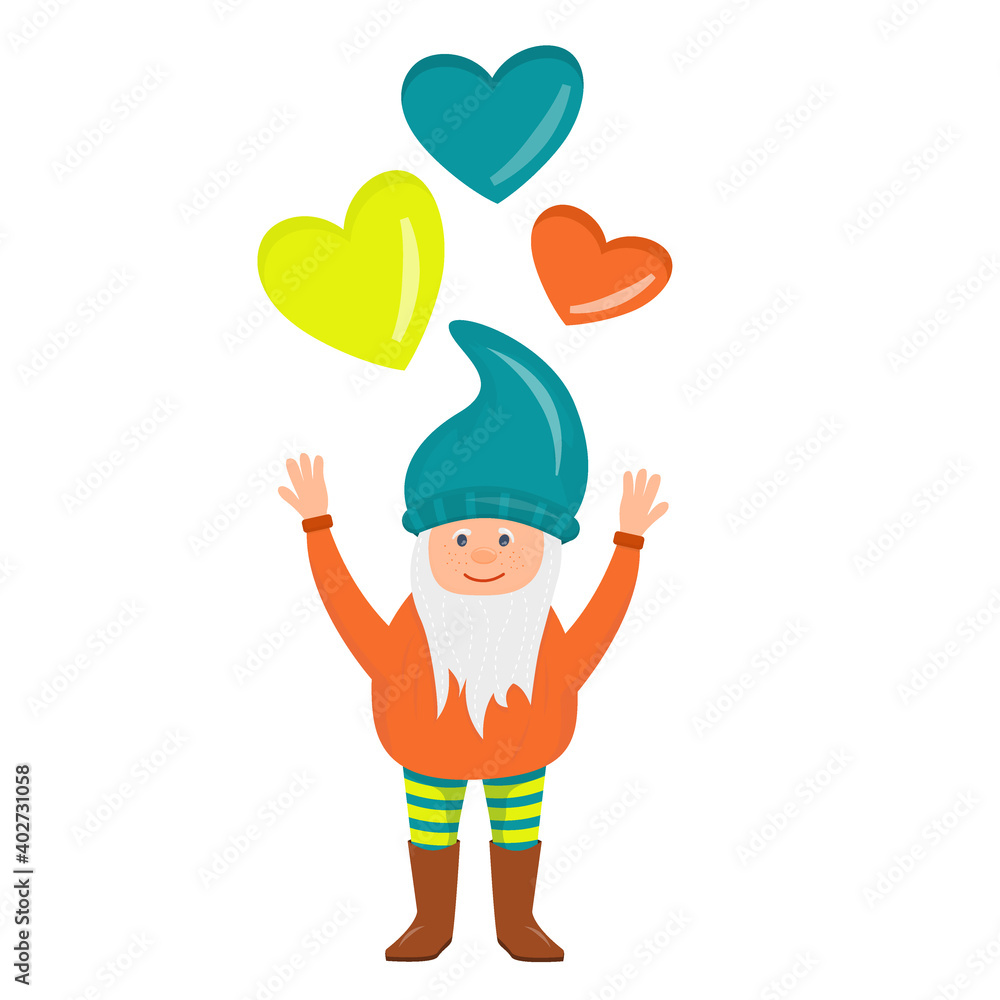 A gnome with a beard catches hearts for Valentines Day in cartoon style isolated on a white background. A fabulous little character for Valentines and postcards.