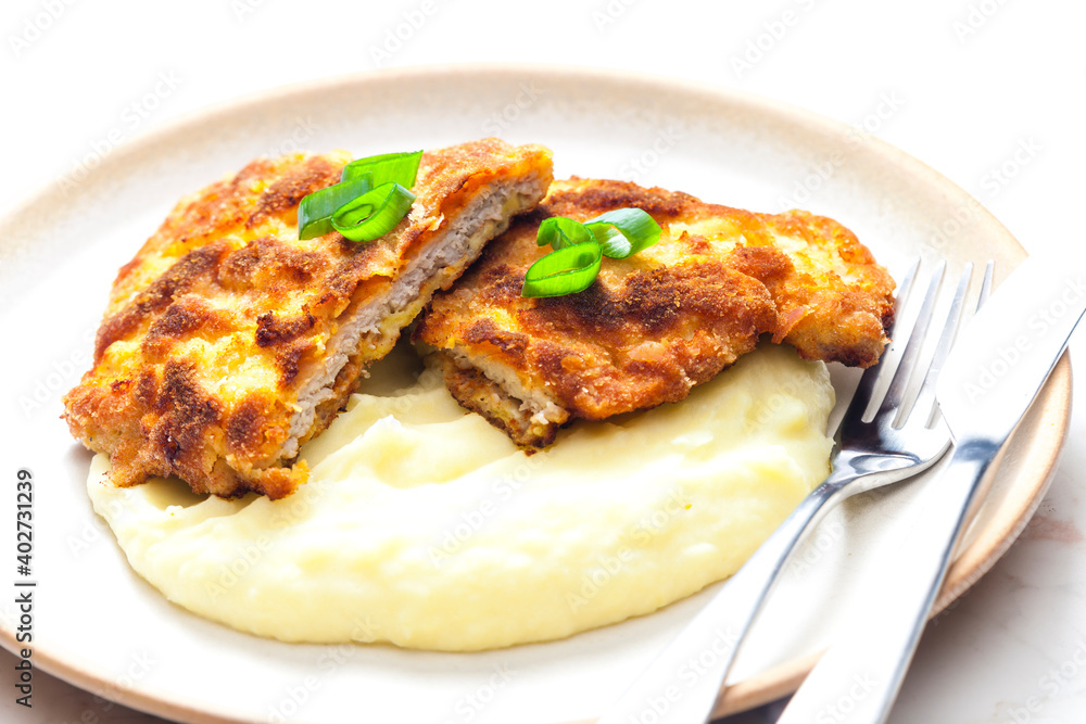 pork schnitzel with mashed potatoes