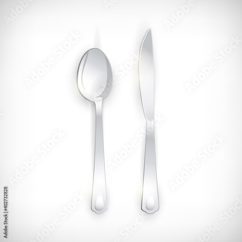 Cutlery set of silver spoon and knife. Table Setting isolated on vignette background. Top view elements for web designs. Vector illustration.