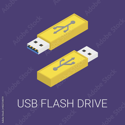 Vector isometric illustration, usb flash drive in minimalistic volumetric in the colors of the year 2021. Ultimate grays and illuminating. On a dark blue background. Design template for, icons, logos.