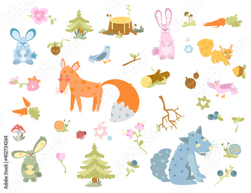 animals set fox, rabbit, wolf, snail, squirrel nature graphic forest