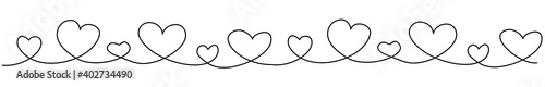 Continuous line Hearts. Seamless vector border pattern with hearts for Valentine's Day and other designs.  Trendy minimalistic style. Horizontal narrow banner Romantic concept. Vector illustration.