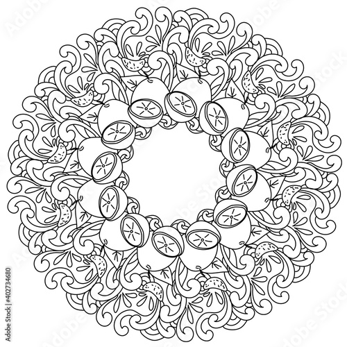 Abstract mandala with juicy grapefruit, vitamin citrus whole and half in the form of a round frame coloring page