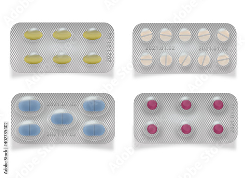 Tablets for treatment in a package. Tablets: vitamin, antibiotic, aspirin, paracetomol. Realistic packaging mockup. Vector pack illustration isolated on background.
