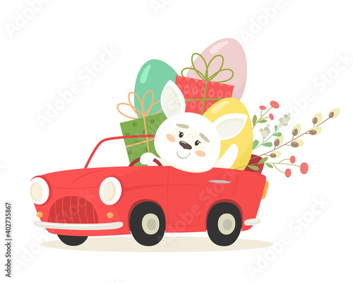 Cheerful bunny in a car with eggs and gifts. Happy Easter. Vector illustration in flat style.