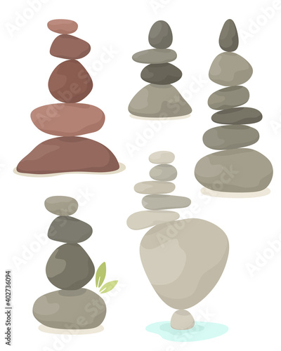 Set of balancing pyramid of stones, harmony, balance. Vector illustration in flat style.