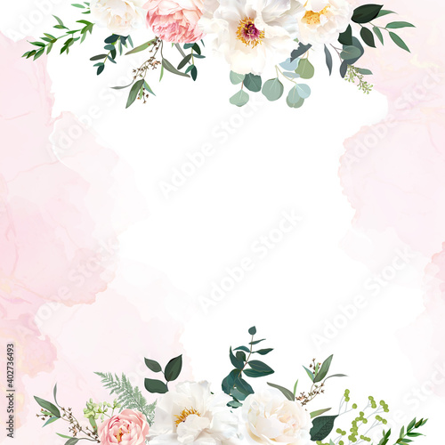 Retro delicate wedding card with pink watercolor texture and flowers