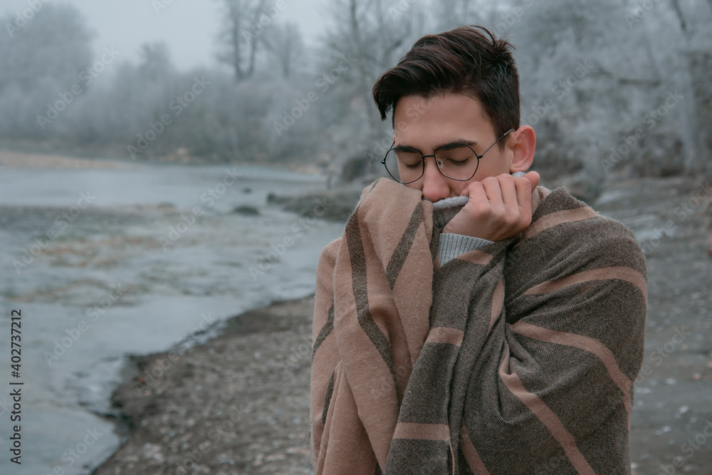 Student on a winter landscape. Travel and Leisure.