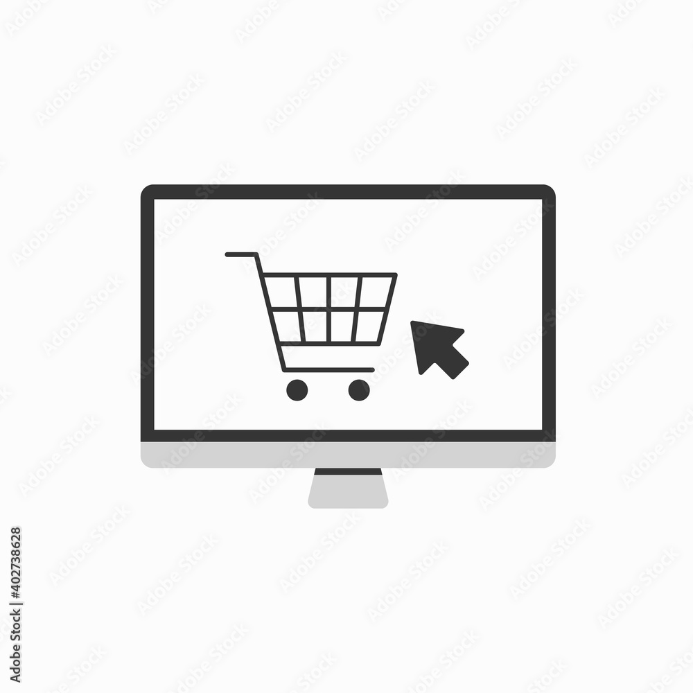 Online shop cart icon. Flat Ecommerce buy vector icon of the computer internet store order on the web marketplace with mouse arrow on a screen. Web store sell symbol concept illustration design. Click Online shop cart icon. Flat Ecommerce buy vector icon of the computer internet store order on the web marketplace with mouse arrow on a screen. Web store sell symbol concept illustration design. Click