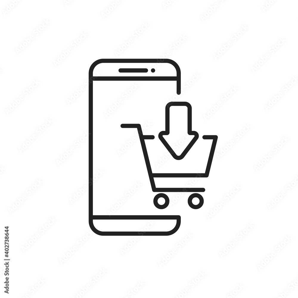 Mobile shop cart vector icon with add thin line arrow. Online e-commerce phone app with trolley checkout sign. Retail Eshop buy symbol before purchase. Flat isolated smartphone shopping basket icon Mobile shop cart vector icon with add thin line arrow. Online e-commerce phone app with trolley checkout sign. Retail Eshop buy symbol before purchase. Flat isolated smartphone shopping basket icon
