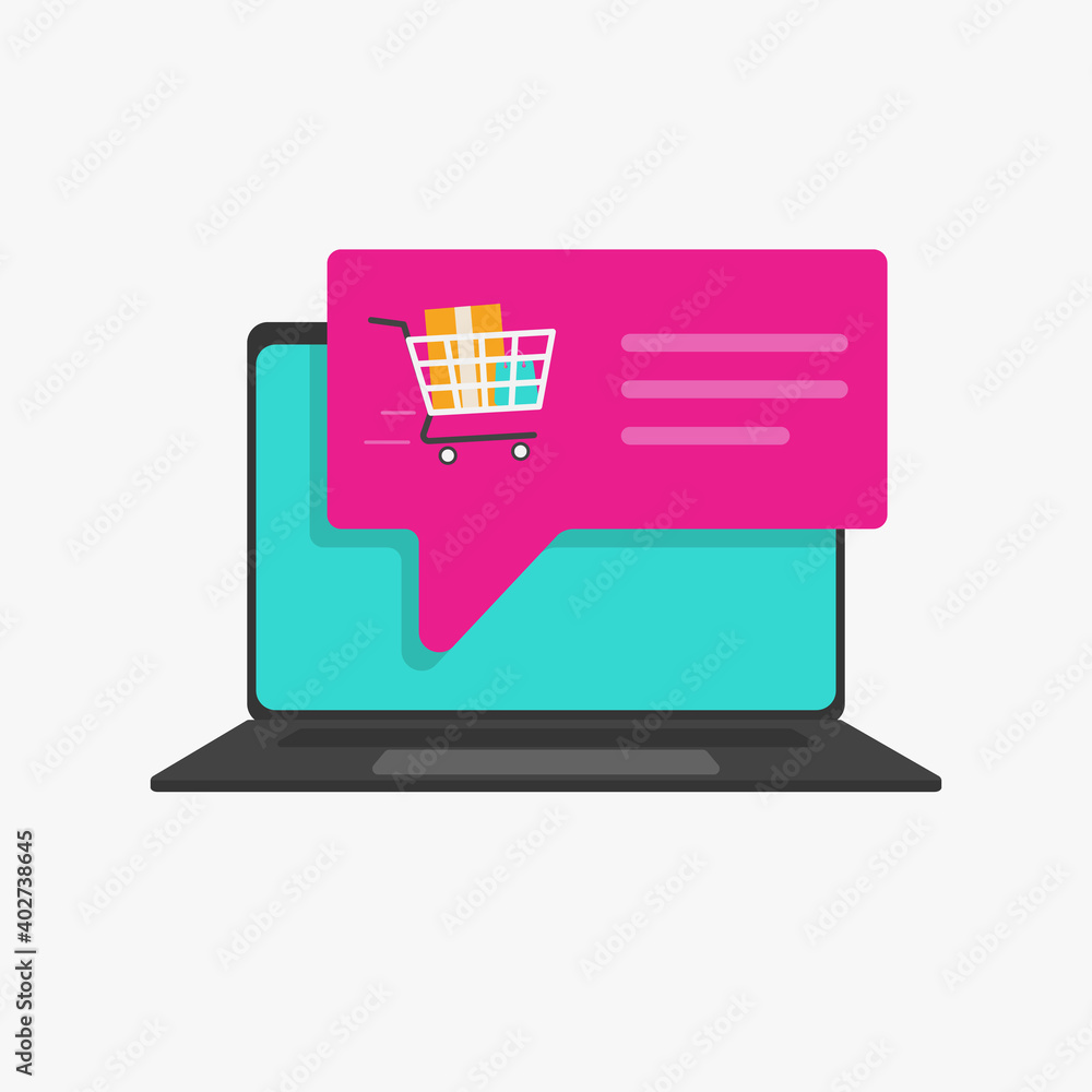 Online store order from a laptop with cart and notification. Ecommerce purchase from computer display in retail online shop flat vector illustration. Sale notification on the supermarket website icon Online store order from a laptop with cart and notification. Ecommerce purchase from computer display in retail online shop flat vector illustration. Sale notification on the supermarket website icon