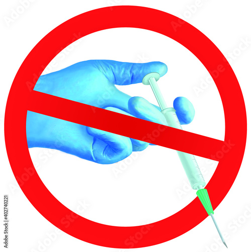 hand hold syringe in stop sign.  anti-vax. Vaccine hesitancy illustration. Hand drawn, copy space.